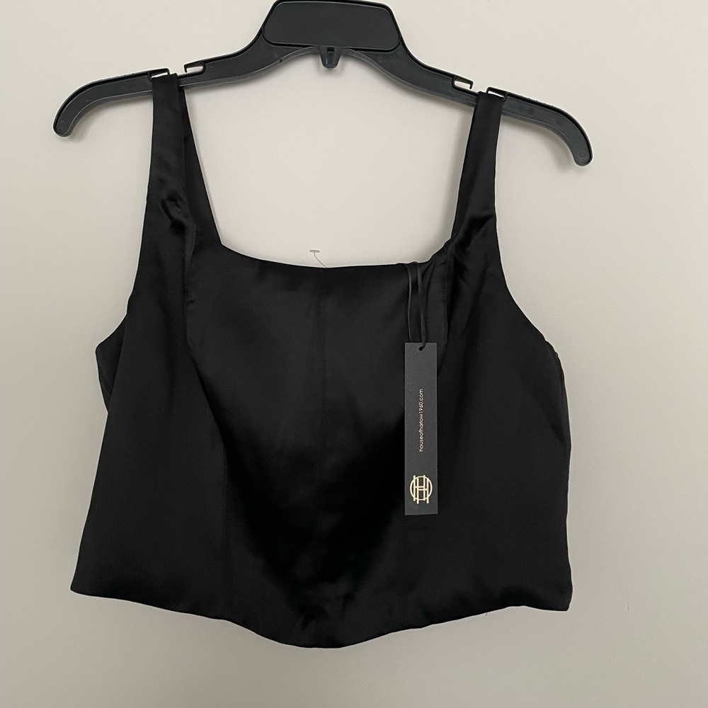 House of Harlow 1960 Black Satin Crop Tank Top Size Large